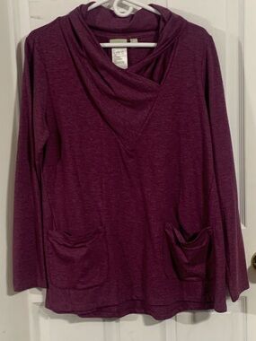 LOGO by Lori Goldstein Deep Plum Long Sleeve Draped Cowl Top